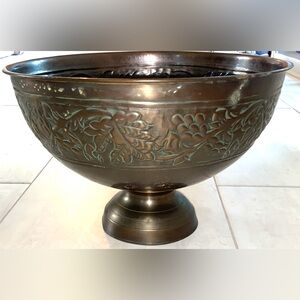 Brass Footed Patinated Bowl w/Embossed Grape & Leaf Motif 12” Wide x 8” Height